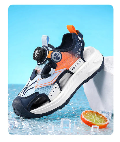 Kids Rotating Button Closed-Toe Sandals, Breathable Mesh Sport Shoes for Boys, Non-Slip Adjustable Summer Beach Sneakers