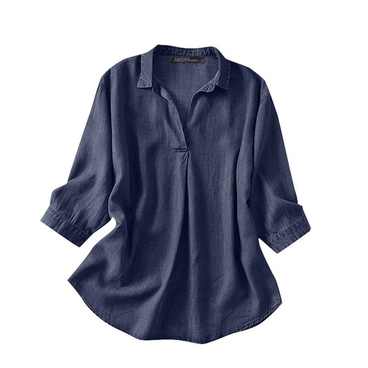Women Summer V Neck 3/4 Sleeve Blouse Denim Blue Shirt Elegant Solid OL Work Tops Casual Loose Office Blusas Oversize
