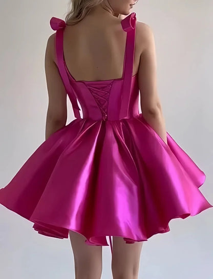 Mini Satin Sweetheart Homecoming Dresses for Teens Bow Spaghetti Straps Short Ball Gown Puffy Cocktail Prom Dress with Pockets