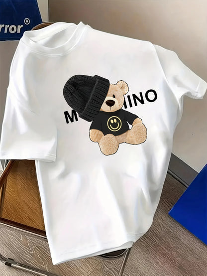 Graphic T-Shirt Short Sleeve Crew Neck with Soft Comfortable Spring Women's Light Blue Casual Teddy Bear