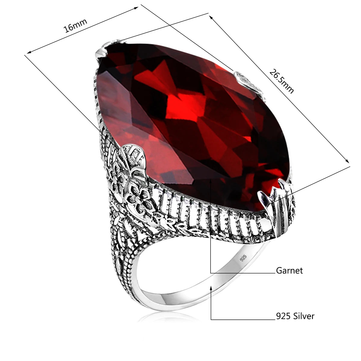 Marquise Stone Amethyst Ring 925 Antique Silver For Women Trend Luxury Party Jewelry Birthstone Gems Unique Handmade Gift