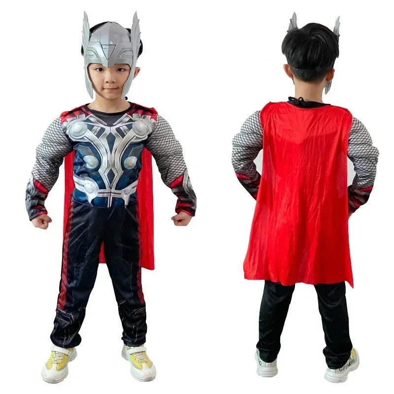 New Thor Cosplay Muscle Costume Jumpsuit Mask Hammer Halloween Carnival Clothes for Children Kids Thor Muscle Costume