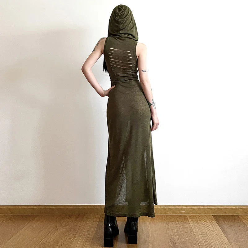European And American Style Sleeveless Hooded Dress Long Split Hollow out Pure Color Women's Gown