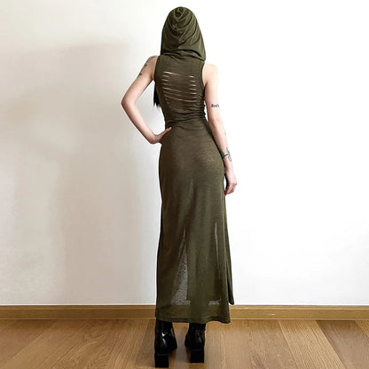 European And American Style Sleeveless Hooded Dress Long Split Hollow out Pure Color Women's Gown