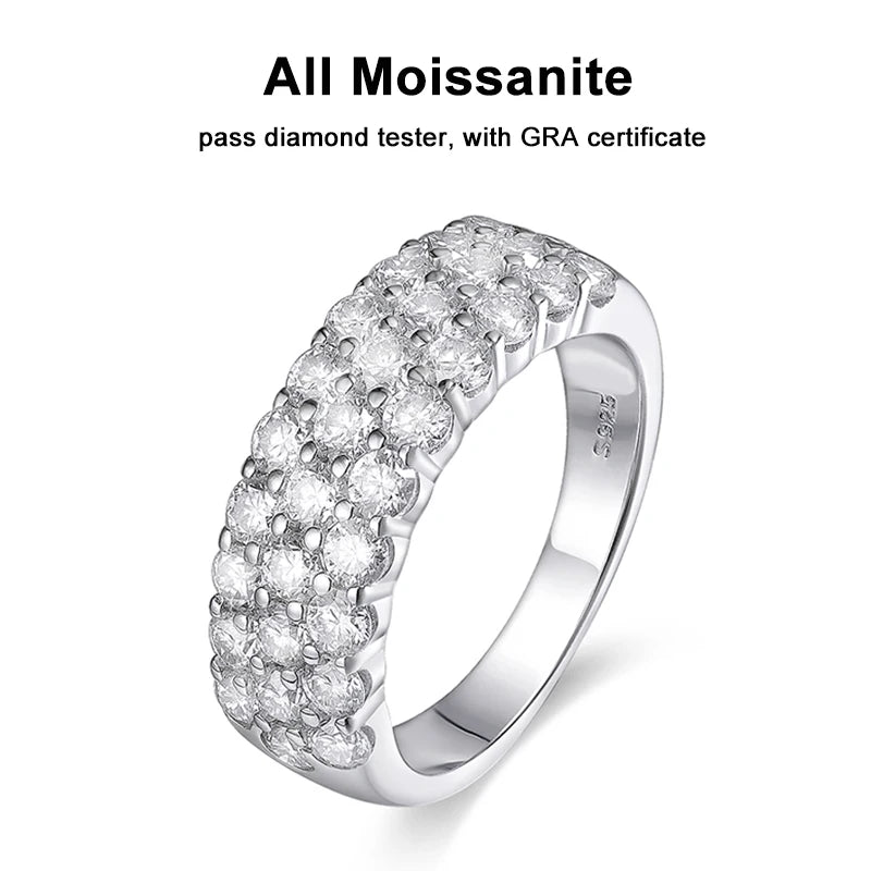 D VVS1 Moissanite Rings for Women Solid 925 Sterling Silver Plated 18k White Gold 3-Row Half Eternity Anniversary Band