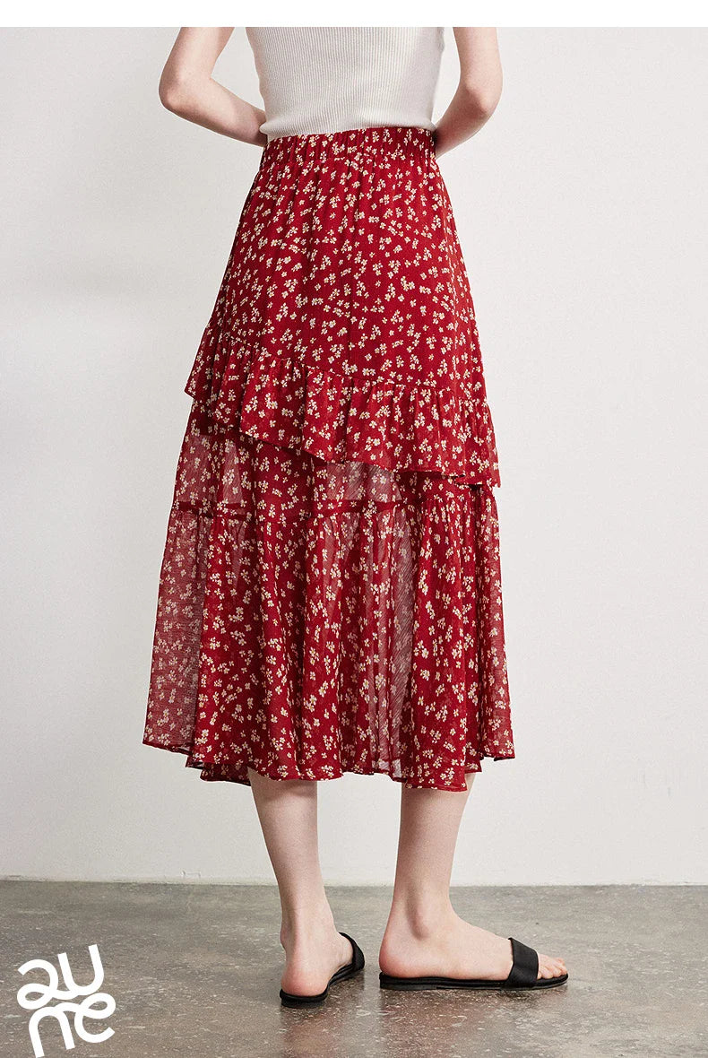 Women Chiffon Skirt 2026 Spring New Country Style Light and Flowing Floral Print Layered Ruffled Skirt