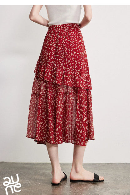 Women Chiffon Skirt 2026 Spring New Country Style Light and Flowing Floral Print Layered Ruffled Skirt