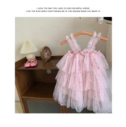 New Summer Baby Girls Party Dress Sleeveless Spaghetti Strap Love Heart Layered Princess Dresses for 3-7Year Old Kids E2310