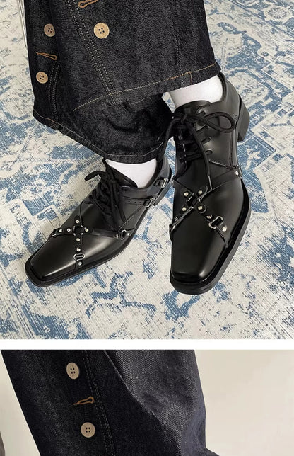 Men's formal leather shoes pointed niche design dark style Oxford shoes strap metal decoration business casual derby shoes
