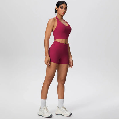 2picese Women Yoga Suit Solid Color High Waist Hip Push Up Fitness Shorts Sexy Pilates Backless Gym Hanging Neck Bra Yoga Set