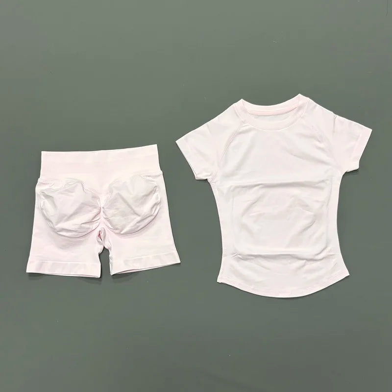 2 Piece Gym Sets Women Seamless Short Sleeve Top Butt Lifting Shorts Workout Fitness Running Sports Yoga Tracksuit
