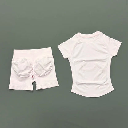 2 Piece Gym Sets Women Seamless Short Sleeve Top Butt Lifting Shorts Workout Fitness Running Sports Yoga Tracksuit