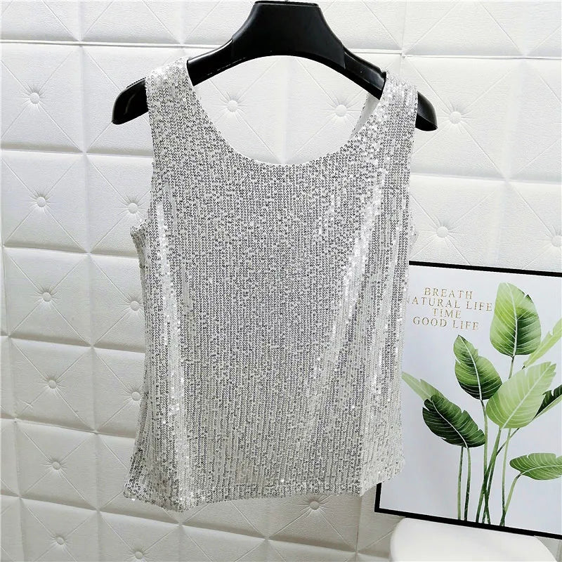 Sparkling Sequins Round Neck Vest Women's Outer Wear 2022 Summer New Bright Silk Fashion Glitter Bottoming Shirt Suspender Top