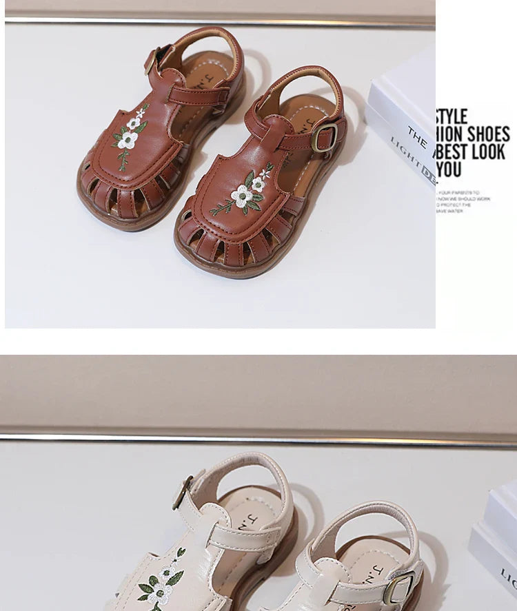 Traditional Chinese Embroidery Kids Shoes for Girl Sandals Summe Retro Princess Shoes Roman Style Girls Leather Shoes Kid F05173