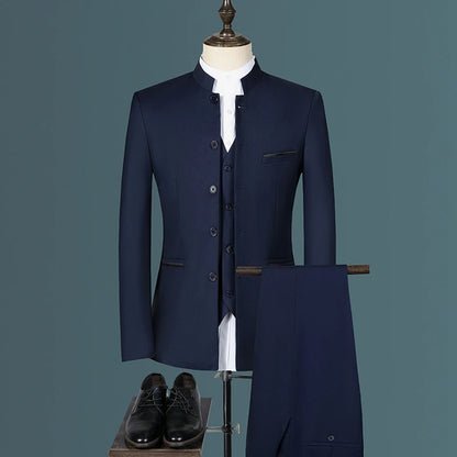 Suit (Blazer+ Vest + Pants) Men's Fashion Gentleman Business Outdoor Standing Collar Gentleman Wedding Work Casual MAO Suit