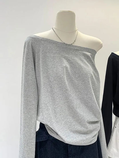 Off the shoulder Long sleeve T shirt Women Spring Autumn Loose Sexy One Shoulder Top Lady Casual Basic Tees School Preppy Blouse