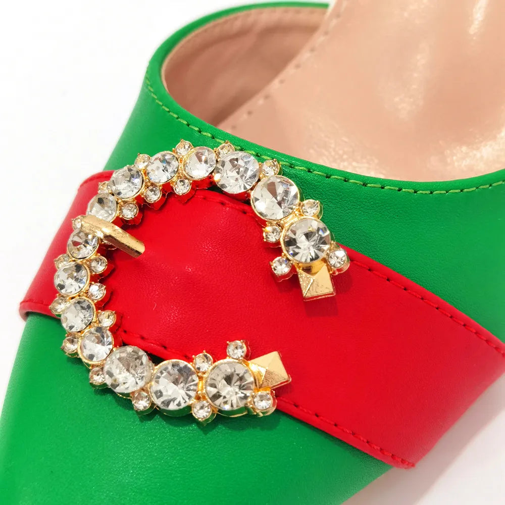 Italian Design Leather Colorblock Pointed Toe High Heel Women's Sandals Fashion Everyday Matching Shoes and Bag Sets