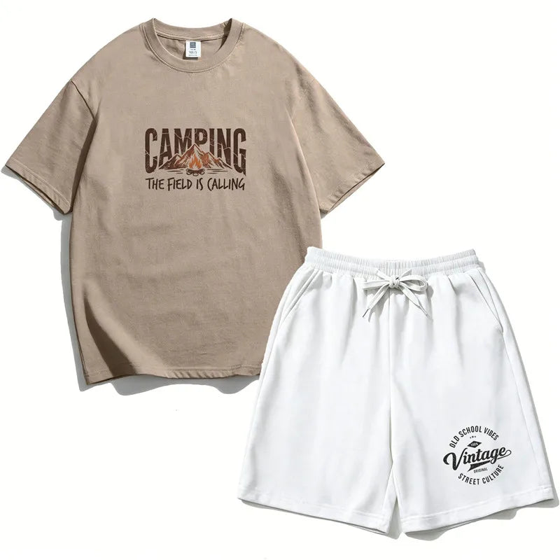 Boys 2PCS Cotton Outfit Set Mountain Print Short Sleeve Tee + Elastic Waist Shorts Camping Summer Set LH21
