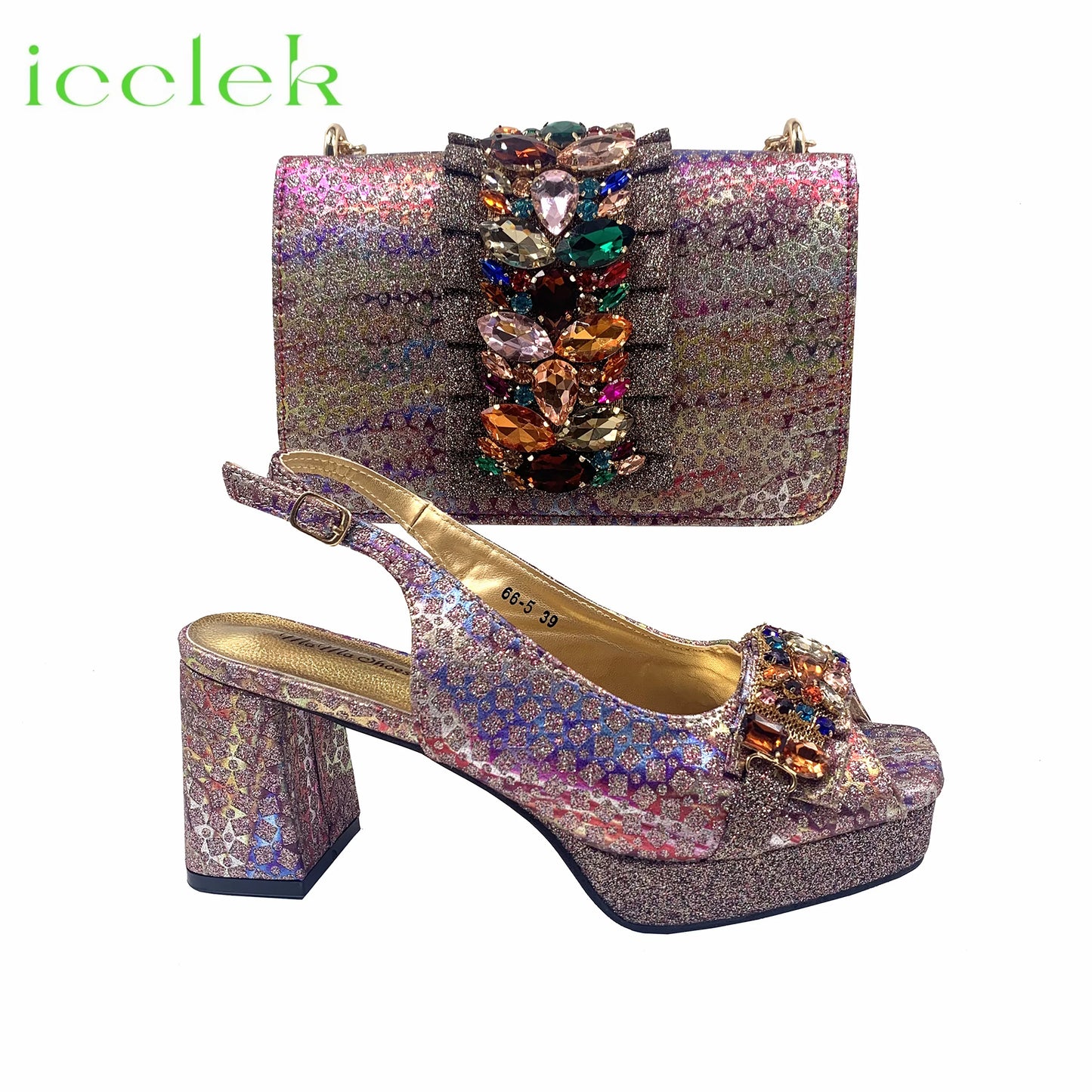 Multi Color Newest Italian Design Special Synthetic Fabrics Women's Matching Shoe and Bag Set High Heel for Weddings and Parties