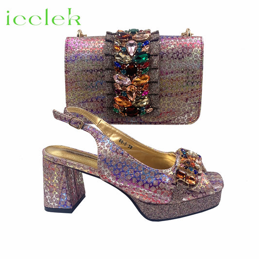 Multi Color Newest Italian Design Special Synthetic Fabrics Women's Matching Shoe and Bag Set High Heel for Weddings and Parties