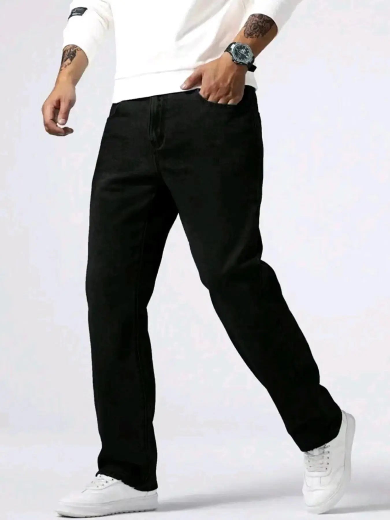 New Spring Autumn Straight Jeans Micro Elastic Versatile Pure Black Casual Denim Pants Men's Solid Color Baggy Regular Trousers