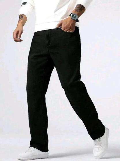 New Spring Autumn Straight Jeans Micro Elastic Versatile Pure Black Casual Denim Pants Men's Solid Color Baggy Regular Trousers