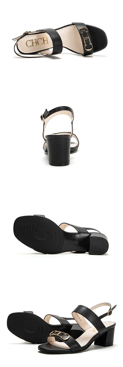 2024 Summer New Women's Sandals Mid Heel Casual Shoes Sandals Black White Thin Strap Adjustable