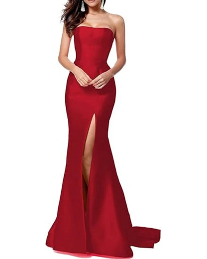 Women's Sleeveless Mermaid High Slit Backless Long Prom Gowns Strapless Floor Length Satin Evening Maxi Dresses