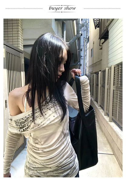 Aesthetics Off Shoulder Tops Trashy Y2k Diamonds Print T-shirt Vintage 2000s Style Streetwear Punk American Retro
