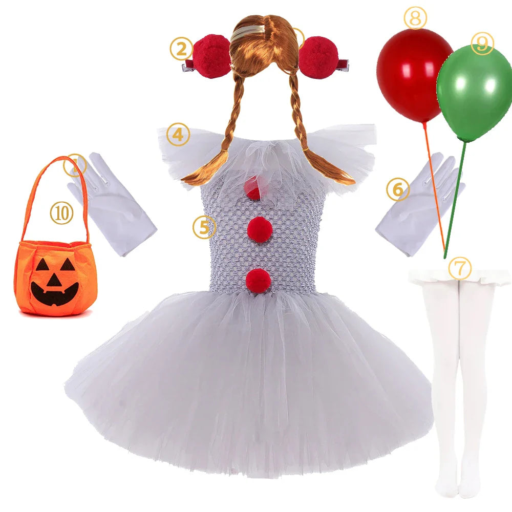Halloween Clown Dress Kids Horror Movie Cosplay Costume Set for Girls Carnival Party Party Dress Up Clowns Clothing 3-10Yre