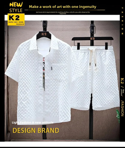 Casual Thin Sports Two-piece Set 2024 Summer Ice Silk Suit Men's Trendy Short Sleeve T-shirt Shorts One Set