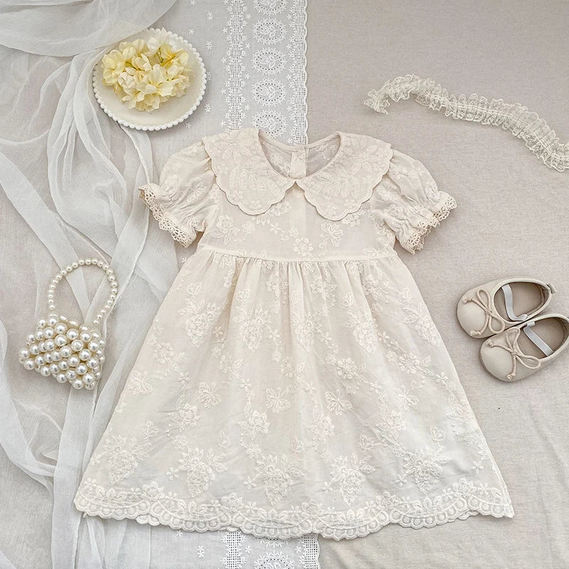 2026 Summer New Pure Cotton Embroidered Floral Short Sleeved Girl's Dress 2-6Yrs Versatile Adorable Korean Style Dress