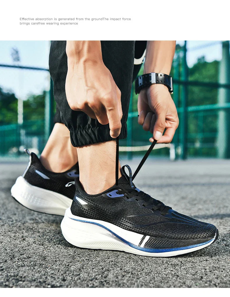 Sapatos de corrida esportivos casuais masculinos e femininos de moda com superfície de malha respirável, suporte de placa de carbono e sola de borracha resistente ao desgaste