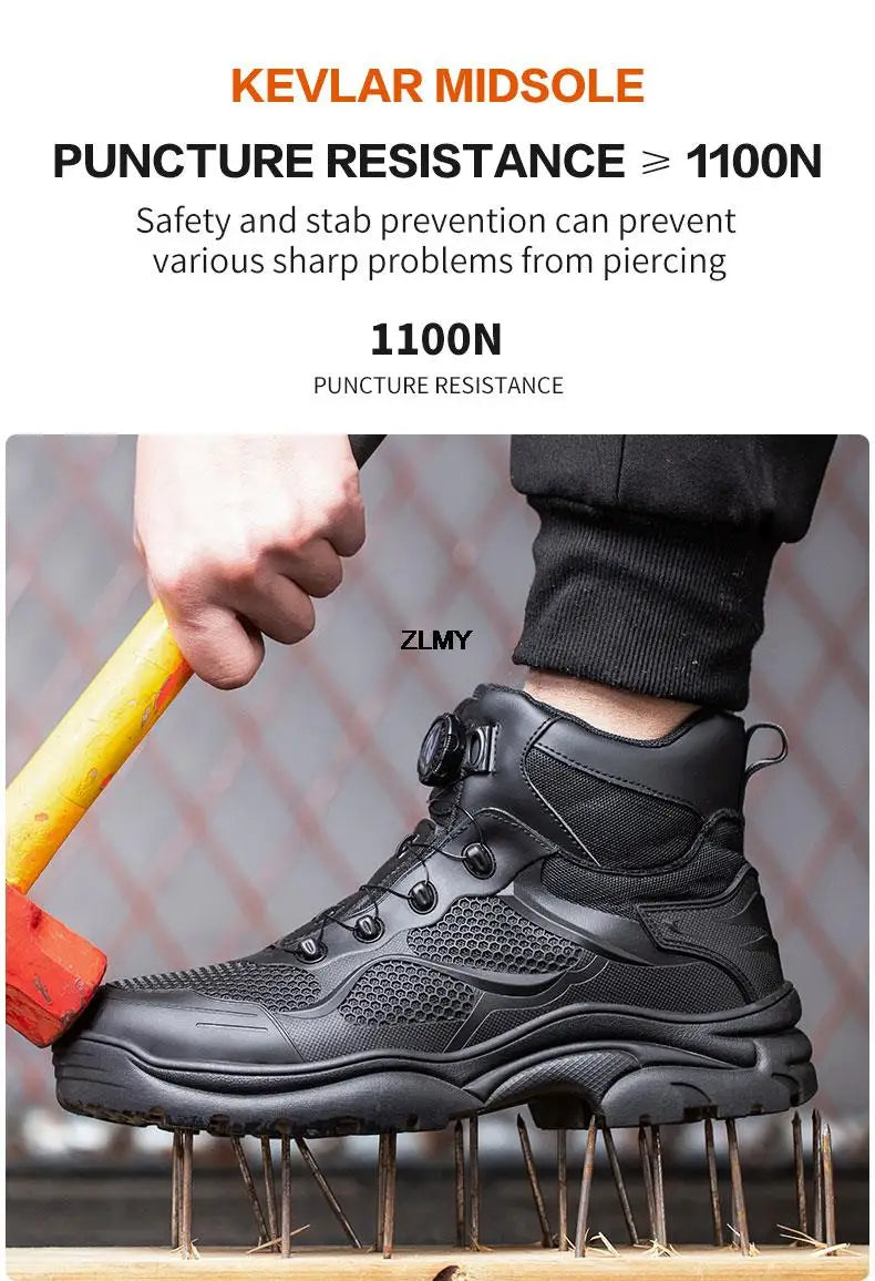 Construction Work Boots Men Steel Toe Safety Shoes Rotated Button Anti-smash Puncture Proof Sneakers Man High Top Security Boot