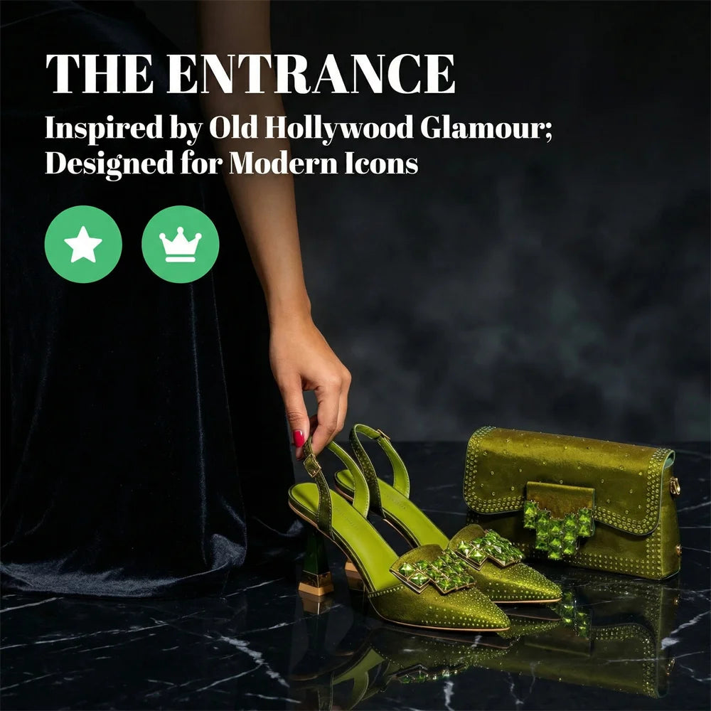 Italian Design Olive Green rhinestone Pointed-Toe Women's High Heels & Matching Bag Set - Ideal for Parties & Weddings