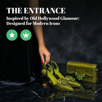2026 INS Italian Design Olive Green Rhinestone Pointed-Toe Women’s High Heels with Matching Bag Set for Parties and Weddings