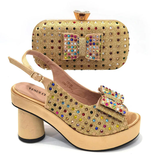 Gold Party Shoe and Bag for Wedding Italy Style Matching Shoes and Purse Set for Bride Bridal High Heels Sandals Bag
