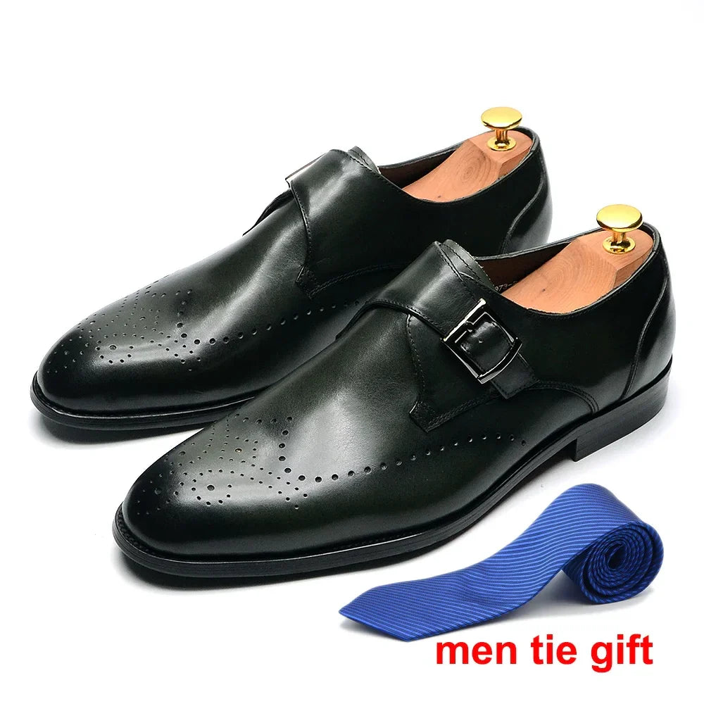 Elegant Men's Monk Strap Dress Shoes Genuine Leather Single Buckle Green Black Loafer Brogue for Party Wedding Formal Occasions