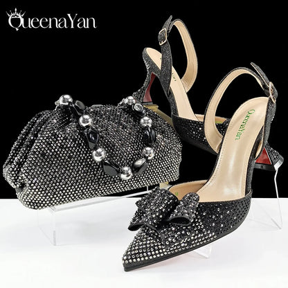 Newest Full of Rhinestone Design Olive Color Lady Sheos and Metal Bead-Embellished Handbag Set for Parrt Wedding