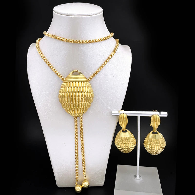 85CM Long Necklace Earrings For Women Adjustable Length Sweater Chain Gold Plated 3PCS Set Fashion Jewelry Wedding Party Gift