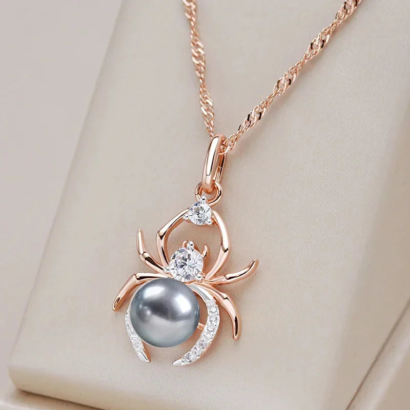 Hot Gray Pearl Animal jewelry Set for Women Spider Earrings Necklace and Ring 585 Rose Gold Silver Color Mix Retro Jewelry