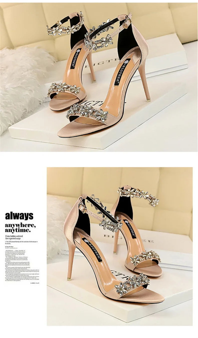 Open Toe Rhinestones Sandals Women 2024 New Designer Luxury High Heels Female Shoes Summer Heeled Satin One Word Belt 368-1