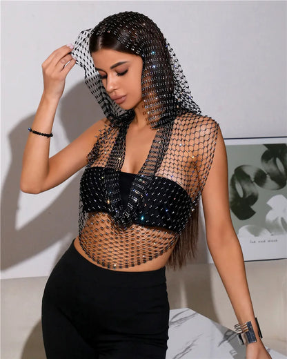 Sexy Deep V Neck Backless Camisole For Women Shiny Rhinestone Hollow See Through Fishnet Hooded Tank Top Rave Festival Crop Tops