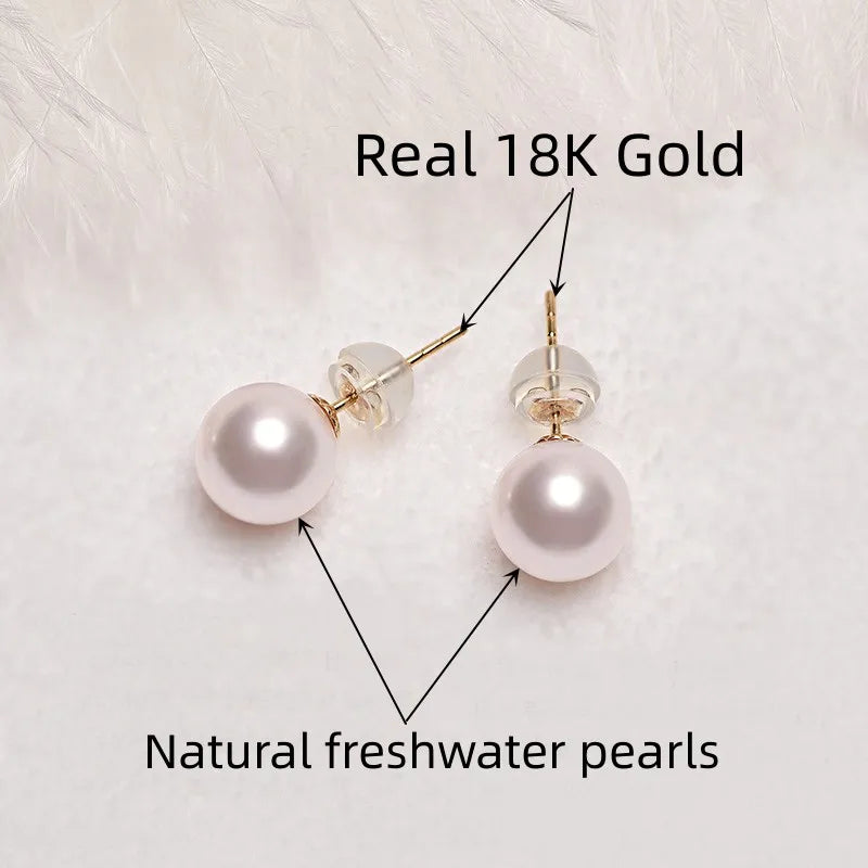 Real 18K Gold Earrings for Women Pure AU750 Natural Freshwater Pearl Earrings Simple Fashionable Fine Jewelry Gift