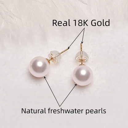 Real 18K Gold Earrings for Women Pure AU750 Natural Freshwater Pearl Earrings Simple Fashionable Fine Jewelry Gift