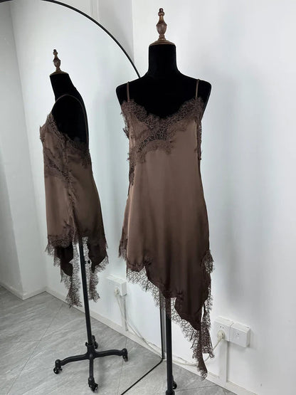 Lace Mini Spaghetti Strap Dress For Women Backless Slit Sexy Dress Evening Party Bodycon Female Elegant Dress High Waist