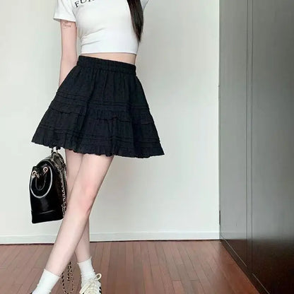 Summer Kawaii White Ruflles Skirt Women Fashion Slim Fit Mini Skirts Girls Y2k Versatile Elastic High Waist A-Line Back Faldas