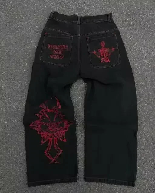Calça Jeans Larga Retrô Azul com Bordado de Letras de Desenho Animado Hip Hop Harajuku Masculina Feminina Roupa Y2K Rock Cintura Baixa Perna Larga