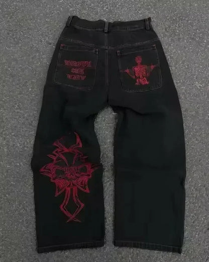 Calça Jeans Larga Retrô Azul com Bordado de Letras de Desenho Animado Hip Hop Harajuku Masculina Feminina Roupa Y2K Rock Cintura Baixa Perna Larga