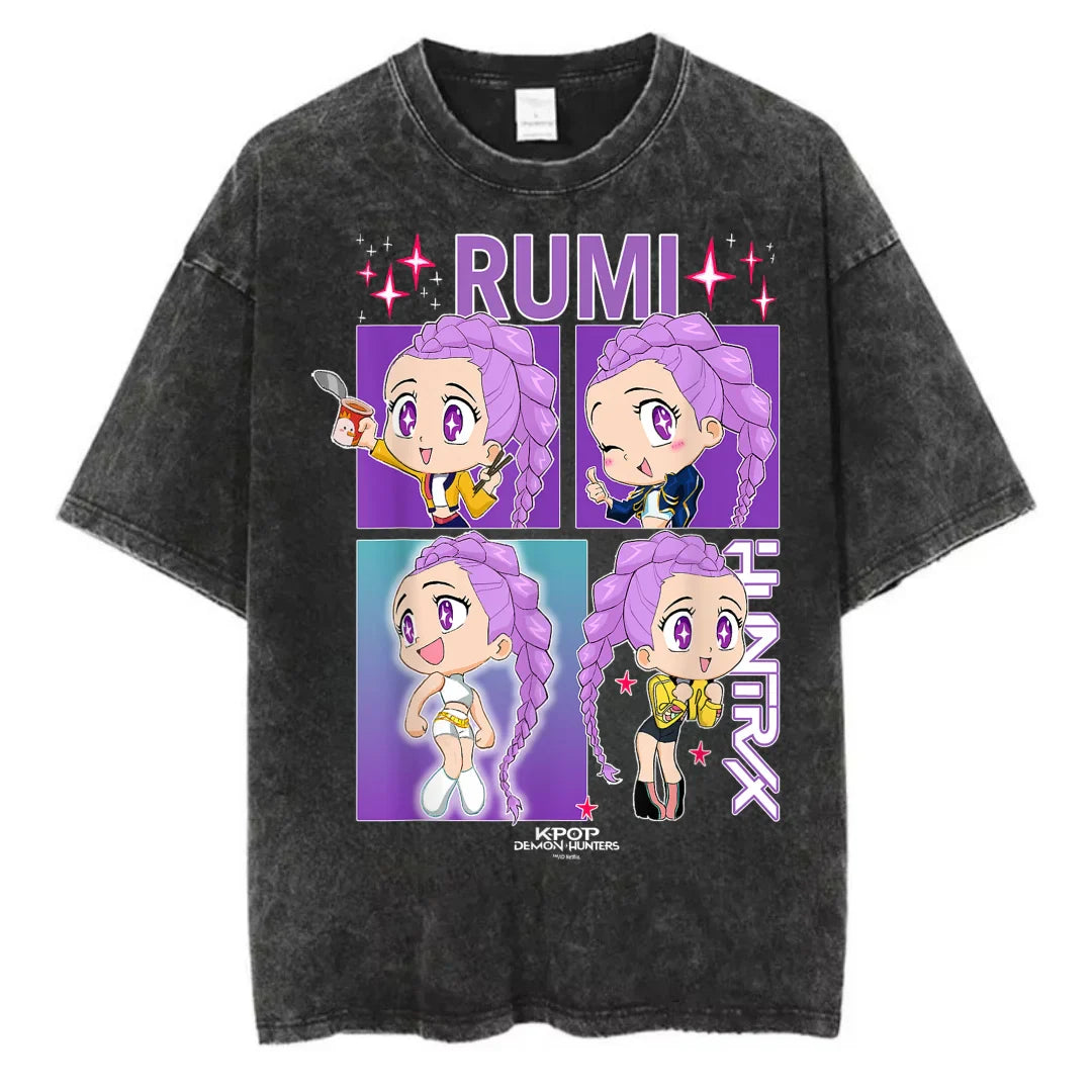 Washed Kpop Anime Demon Hunter Huntrix Girls T Shirt Kawaii Cute Fashion Unisex T-shirts Oversized Cotton Casual Vintage T-Shirt